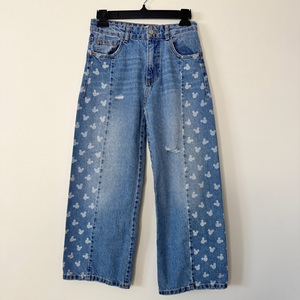 Zara x Disney Jeans Mickey Mouse Panel Denim Straight Leg Blue Wash Sz 13-14